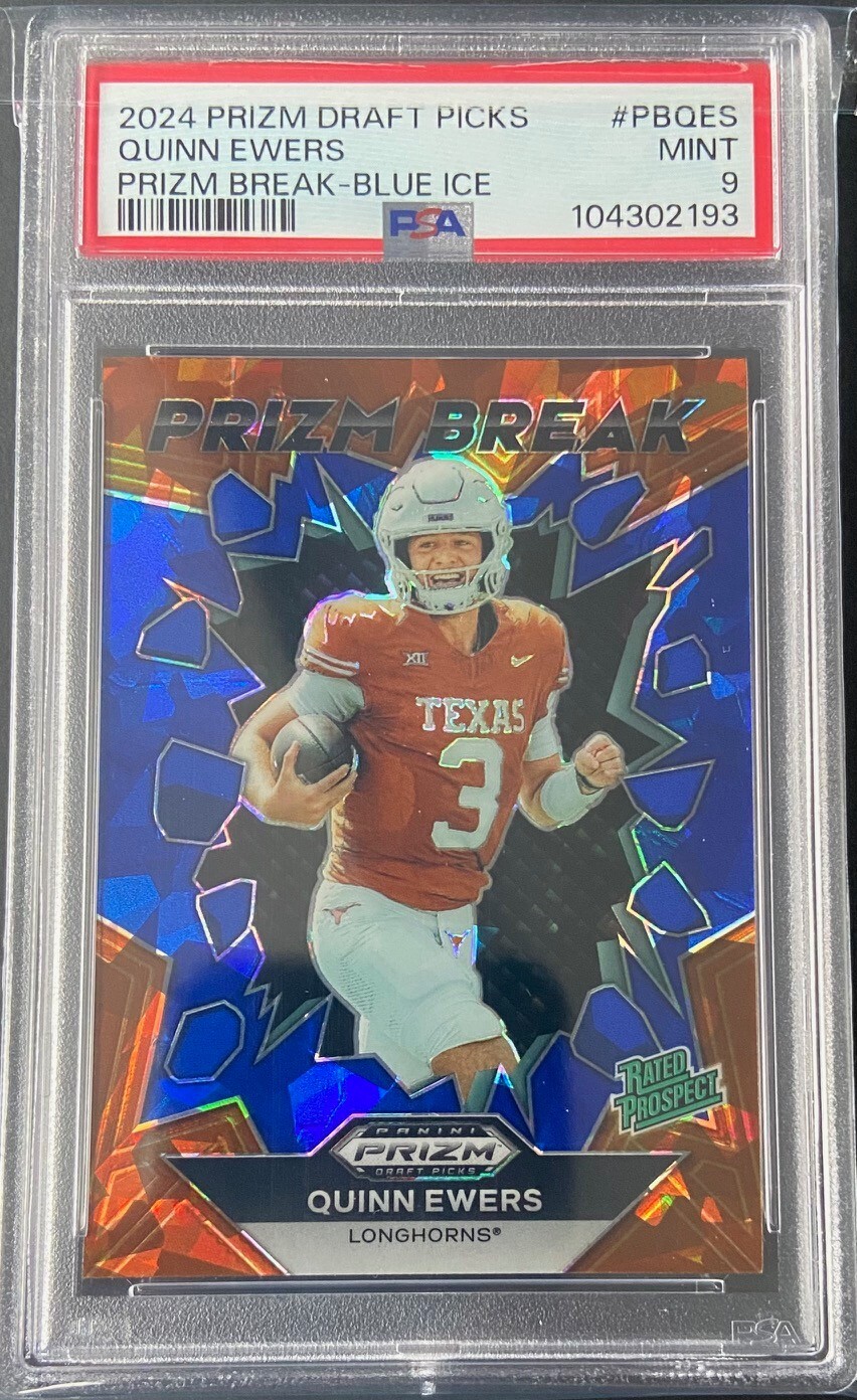 2024 Prizm Draft Picks Quinn Ewers Rated Prospect Prizm Break Blue Ice /99 PSA 9