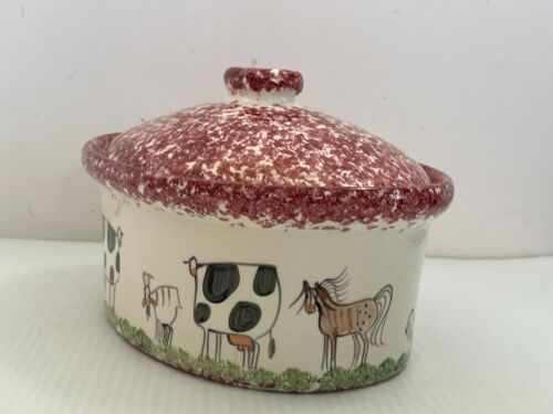 Molly Dallas Spatterware Cows Horses Farm Red Spongeware Covered Dish Tureen 10" - Picture 3 of 8