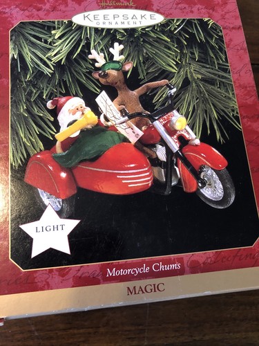 1997 Hallmark Keepsake Ornament "Motorcycle Chums" Magic - Light Deer And Santa - Picture 3 of 11