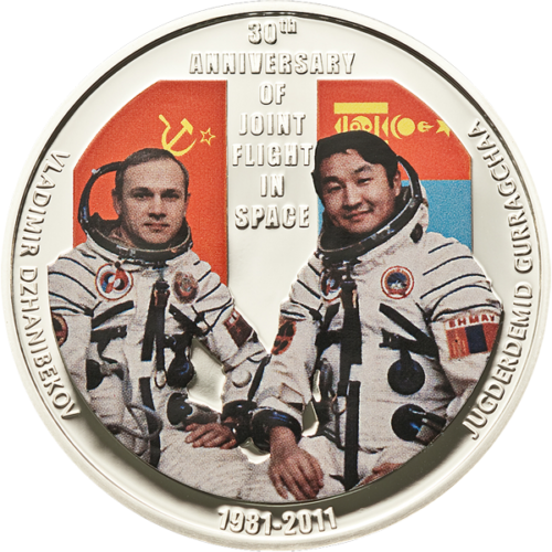Silbermünze 30 Jahre gemeinsame Raumfahrt 25gr CIT aus der Mongolei 25205 - Afbeelding 1 van 2
