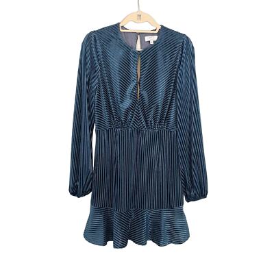 RYSE The Label Dress L Blue Pinstriped Keyhole Long Sleeve Ruffle Blouson NWOT