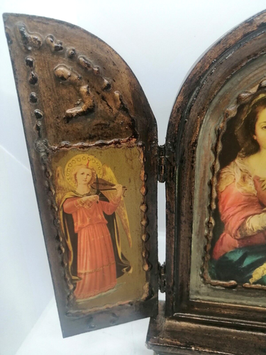 #3 Vintage Handmade Triptych Reliquary religious art wood Oratory Altarpiece 11" - Picture 2 of 9