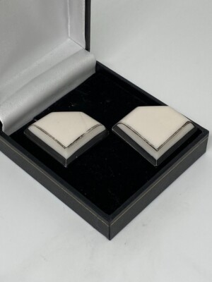 1930s Czech Glass Art Deco Belt Buckle Black Cream Geometric  display picture 1