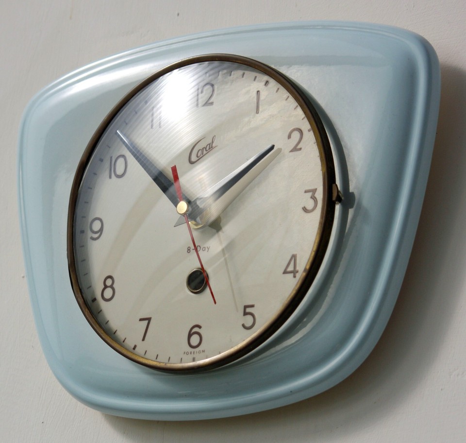Vintage 25cm Coral Wall Clock Ceramic Retro Atomic Mid Century Blue