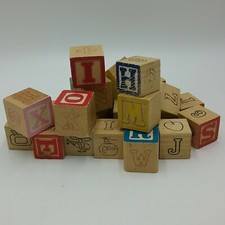 Wooden Children Building Block Alphabet Picture Number ABC Collect 23 Vintage