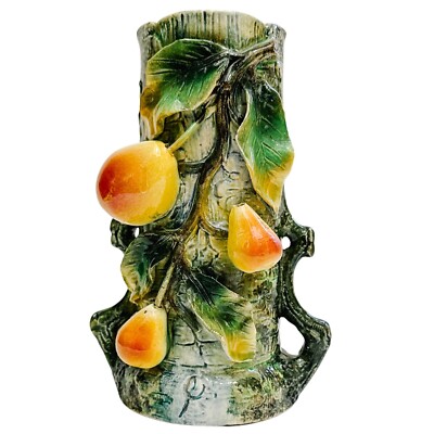 19th Century Bohemian Palissy Majolica Handled Vase With Pears 9''H Julius Strnac