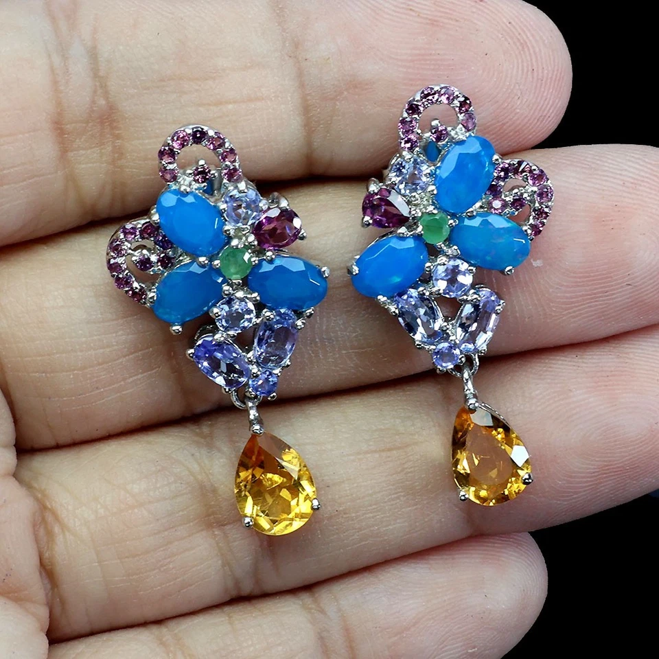 925 Orecchini Argento Sterling Pera Citrino Opale Smeraldo Granato Tanzanite - Immagine 2 di 4