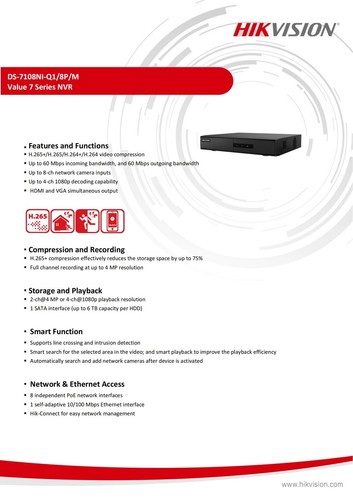 Sistema de cámara IP grabadora de video en red Hikvision DS-7108NI-Q1/8P/M 8 CANALES PoE NVR - Imagen 4 de 7