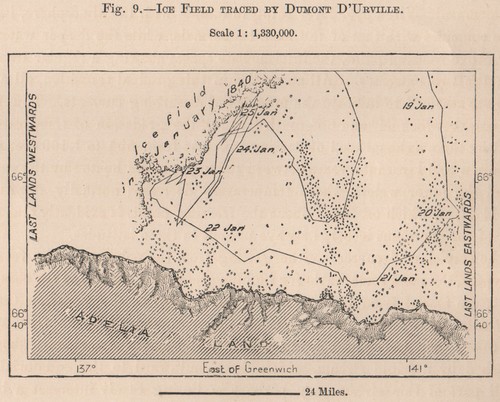 Ice field traced by Dumont d'Urville. Antarctica 1885 old antique map chart
