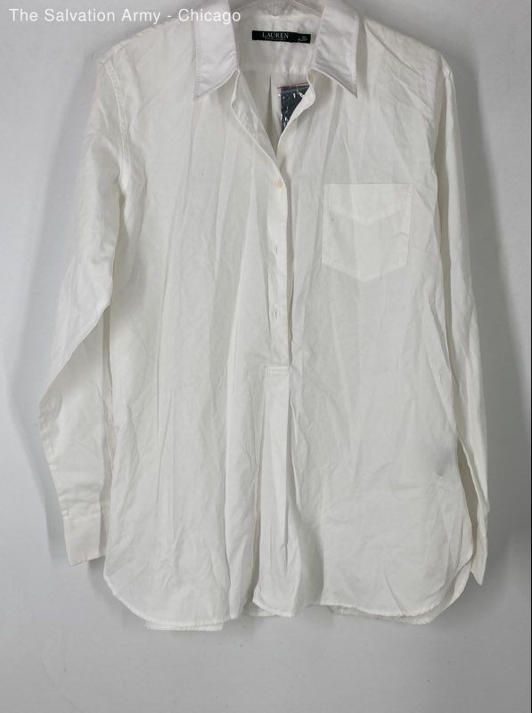 Lauren Ralph Lauren Womens White Long Sleeve Collared Blouse Top Size Large