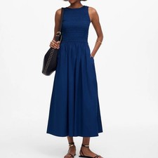 Madewell Size XL Dress Smocked Midi Scoop Back 100% Cotton Poplin Pockets