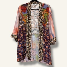 JOHN MARK small 3/4 sleeve eclectic patchwork boho hippie kimono earthy tones