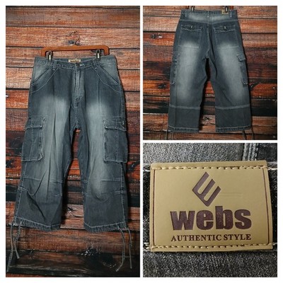 Webs Cargo Jeans 34 Vintage Y2K Capri Baggy Streetwear Denim 100% Cotton Black 