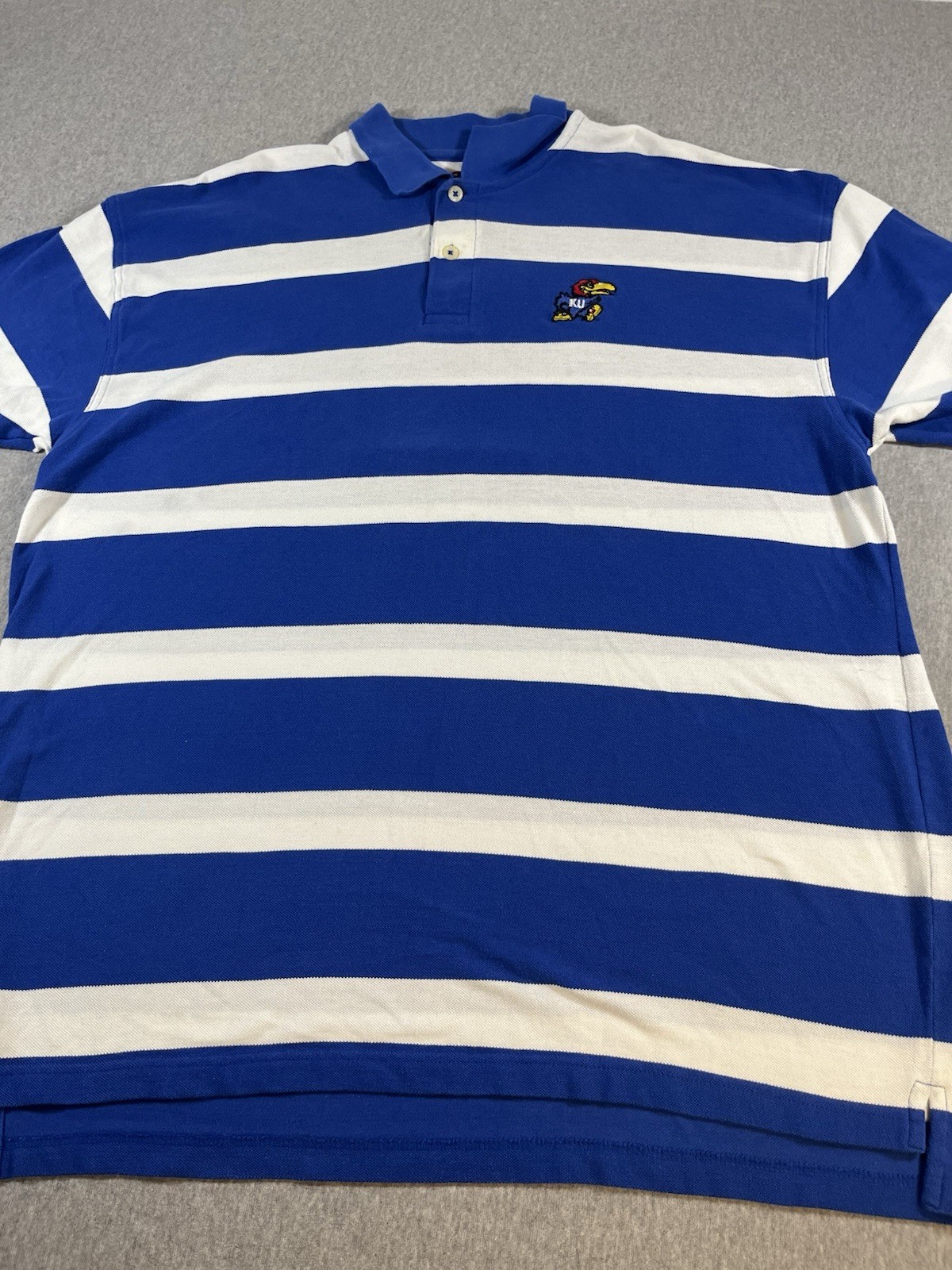 Vintage Kansas Jayhawks Blue/White Striped 100% Cotton Polo Golf Shirt Men’s XXL