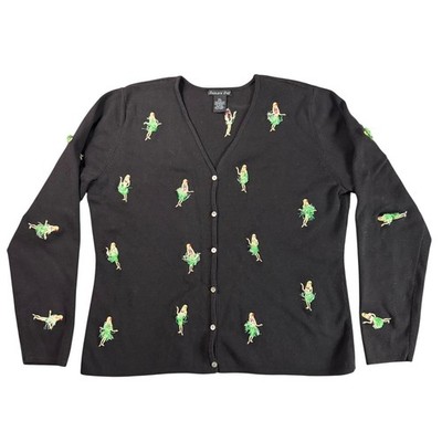 Vintage 90s Eagles Eye Hula Girl Cardigan Sweater XL Black Hawaiian 3D Teacher