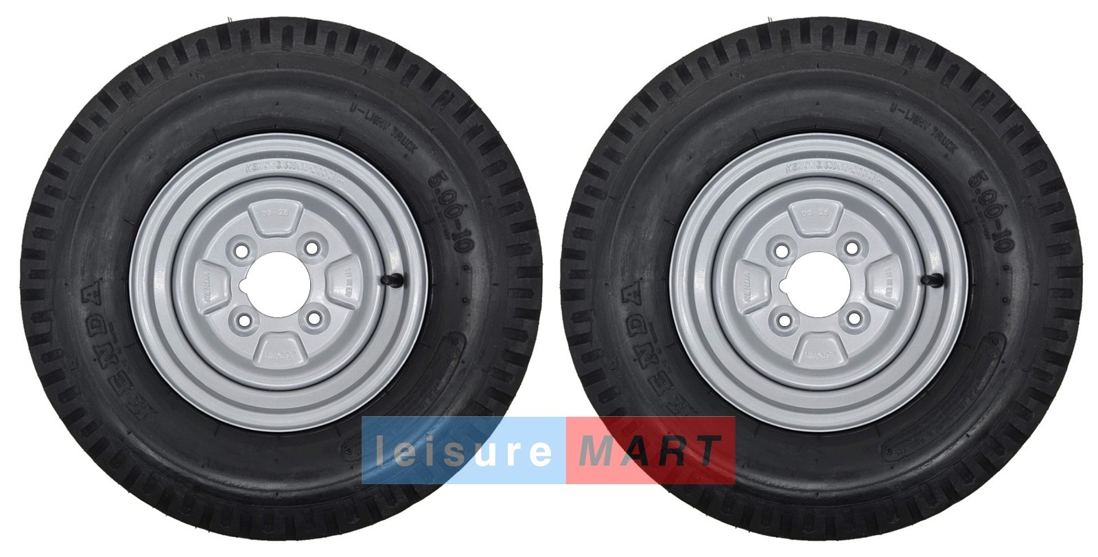 A Pair of 500 x 10 inch Trailer Wheels and Tyres with 4 ply tyre and 4 inch PCD