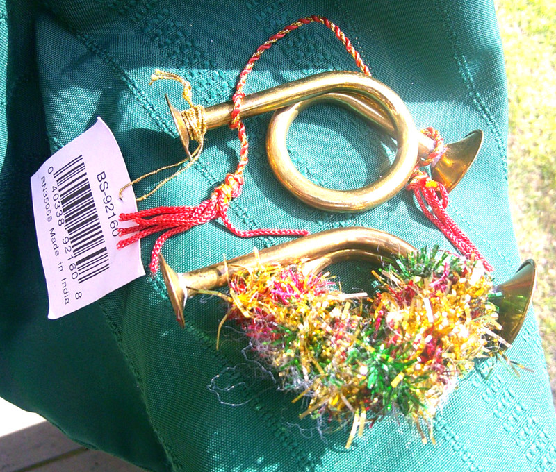 Lot of 2 Vintage Decorated Gold Brass French Horn CHRISTMAS Ornament Red String