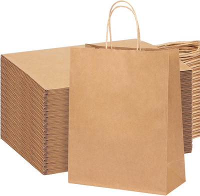 100 Bolsas de Papel Kraft Marron de 10 por 13 Pulgadas con Asas para Regalo