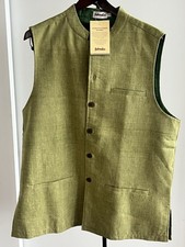 NWT Fabindia Men Sleeveless Modi Jacket Vest Nehru Collar Woven Cotton Green L