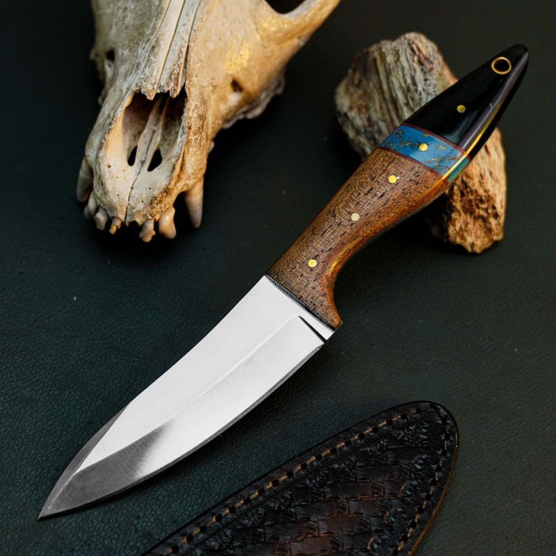 8.7" D2 Steel Hunting Knife Full Tang Fixed Blade Hybrid Handle + Leather Sheath