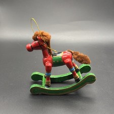 Vintage Wooden Rocking Horse Christmas Ornament Hand Painted Yarn Mane Tail