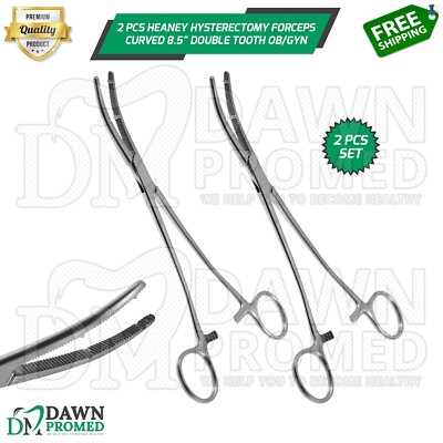 2 Pcs Heaney Forceps Double Tooth Curved Set 8.5'' OB/GYN Instrument German Grade