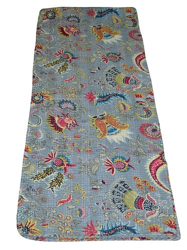 Indian handmade Cotton kantha Quilt Grey Mukut print king Size Bedspread Blanket - Picture 3 of 4