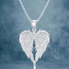 Silver Plated Angel Heart Wings Pendant Necklace w/ Oval Link Chain