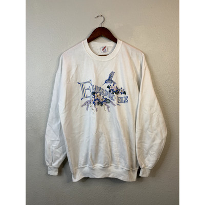1993 Vintage Jerzees XL Emerald Isle Hummingbird Flowers White Sweatshirt VTG 90