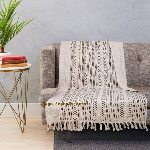 Handloomed Mud Cloth Throw Blanket Tassel Indian Quilt Hand Block Printed Throw - Picture 2 of 5