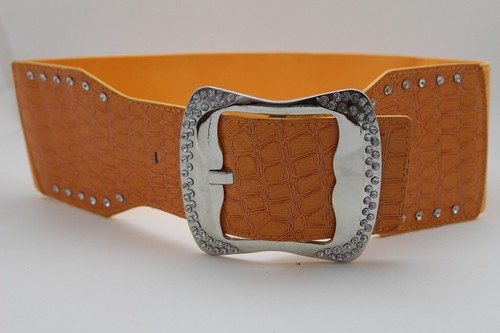 Women Fashion Wide Orange Stretch Waistband Belt Silver Metal Buckle Plus M L - Picture 9 of 12