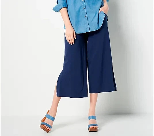 Denim Co. Beach Printed Jersey Pull On Crop Pant w Slits Navy