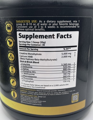 Creatine HMB Supplement w/Essential Amino Acids Powder Mix 30 Servings.EXP :1/27 - Picture 4 of 5