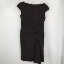 Escada brown pleated shift dress wool drape lined cap sleeves scoop 38 8