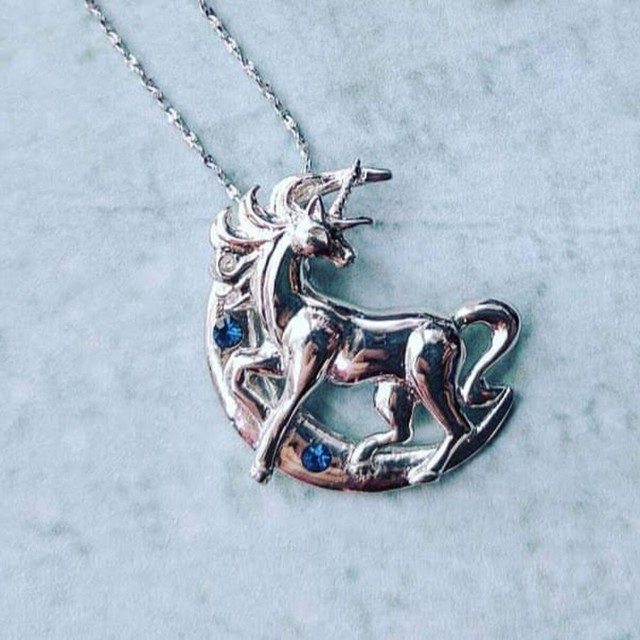 Lunar Unicorn Sterling Silver 925 Blue Crystal Pendant Necklace Anne Stokes Moon