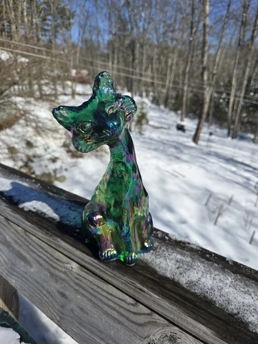 Fenton Winking Alley Cat Iridescent Green Carnival Glass 11" Tall Smiling Cat