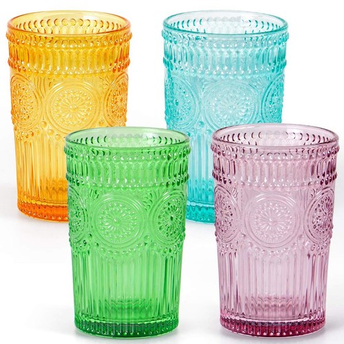 Colored Glassware, Multicolor Drinking Glasses, Embossed Water Glasses, Color...
