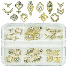 28Pcs Luxury Nail Charms Alloy Charms for Nails 14 Pair 3D Gold Nail Art Rhinest