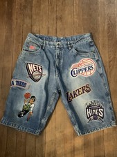 Vintage NBA Unk Denim Shorts Basketball Embroidered Patches Lakers Celtics Sz 36