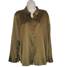 Eileen Fisher Collar Stretch Silk Button-Up Shirt In Gold Leaf sz L new $278