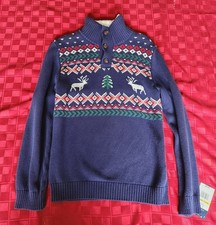NWT Boys Izod Fair Isle Sweater Navy Reindeer Holiday Button Mock Neck M 10-12