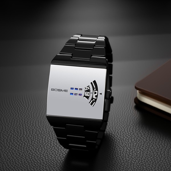 Reloj de Pulsera Cuadrado de Acero Inoxidable Steampunk para Hombre Sin Agujas con Display de Salto de Hora 3