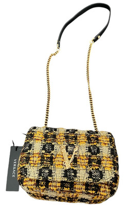 Versace Greca Goddess Fabric/Leather Bag on Chain, Gold-toned, DBFH821