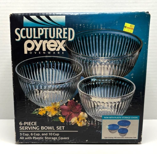 Vintage PYREX Sculptured Ovenware 6 Piece Serving Bowl Set w/ Lids--NEW
