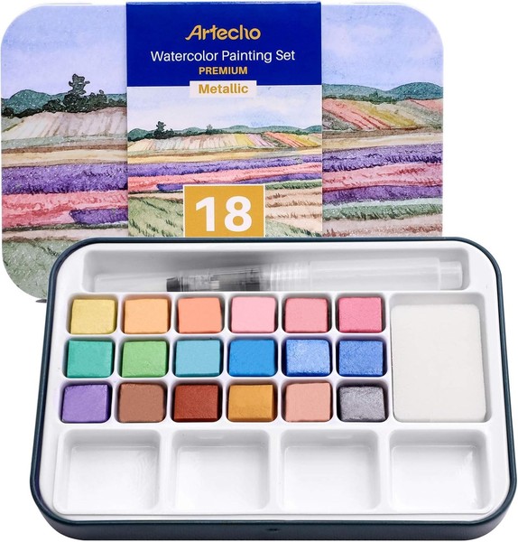 Aquarellfarben Set 18 Metallic Farben Mit Wassertankpinsel Tragbar FüR AnfäNger-image