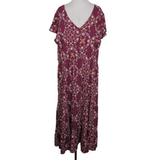 Oak & Trellis Floral Midi Dress Womens Size 3X Boysenberry Flutter Sleeve V Neck