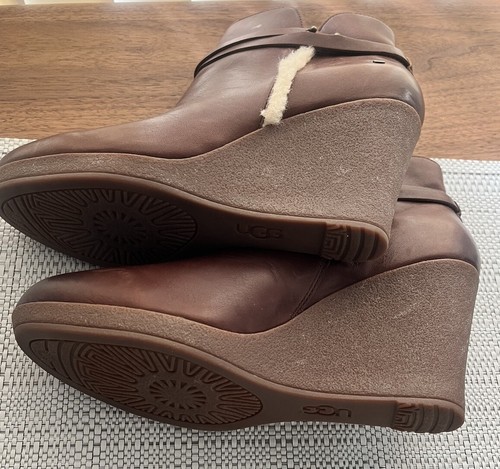 UGG Alexandra Wedge Leather Sheepskin Brown Cognac Booties 8.5 - Picture 10 of 10