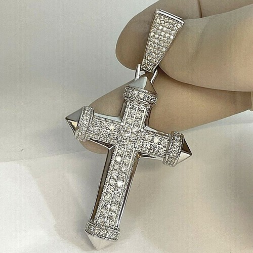 2Ct Lab-Created Diamond Round Cut Cluster Cross Pendant 14K White Gold Plated - Picture 5 of 5