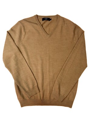 CREW Sweater 100% Merino Wool Knit Camel V-Neck Mens L