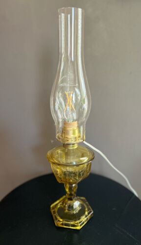 Vintage Yellow Electrified Oil Lamp With Cut Etching Design and Lamp Shade - Picture 2 of 22